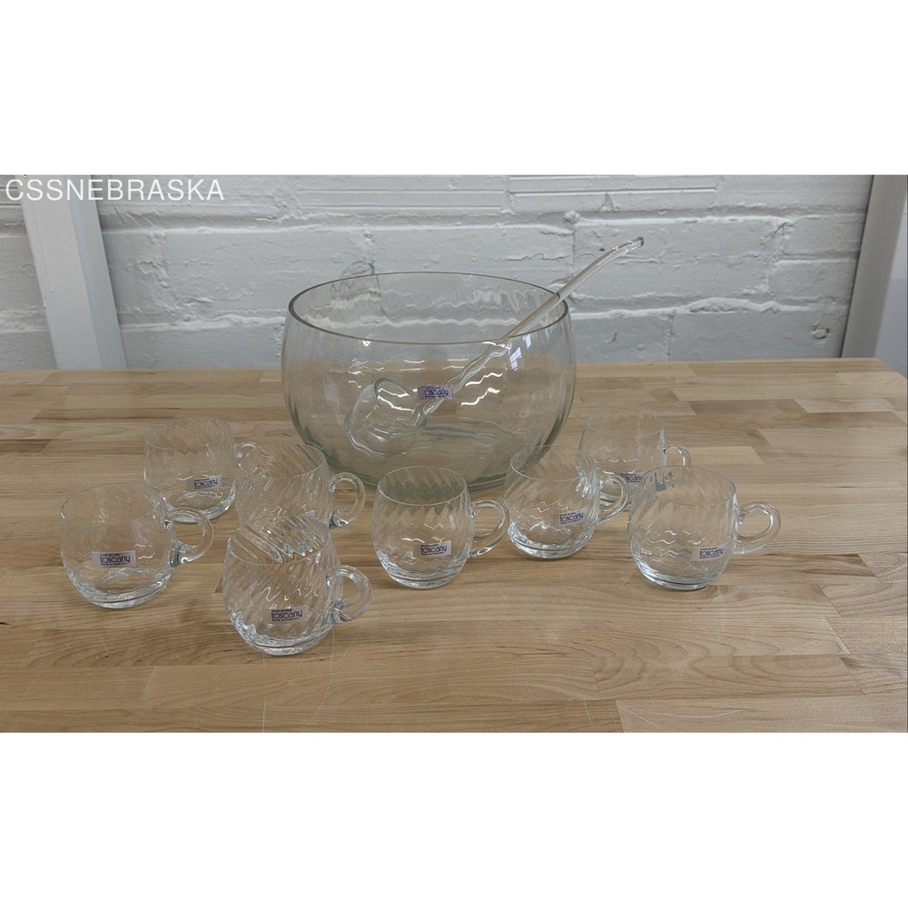 Toscany Clear Glass Vintage 10 Piece Hand‎ Blown Romania Punch Bowl Set